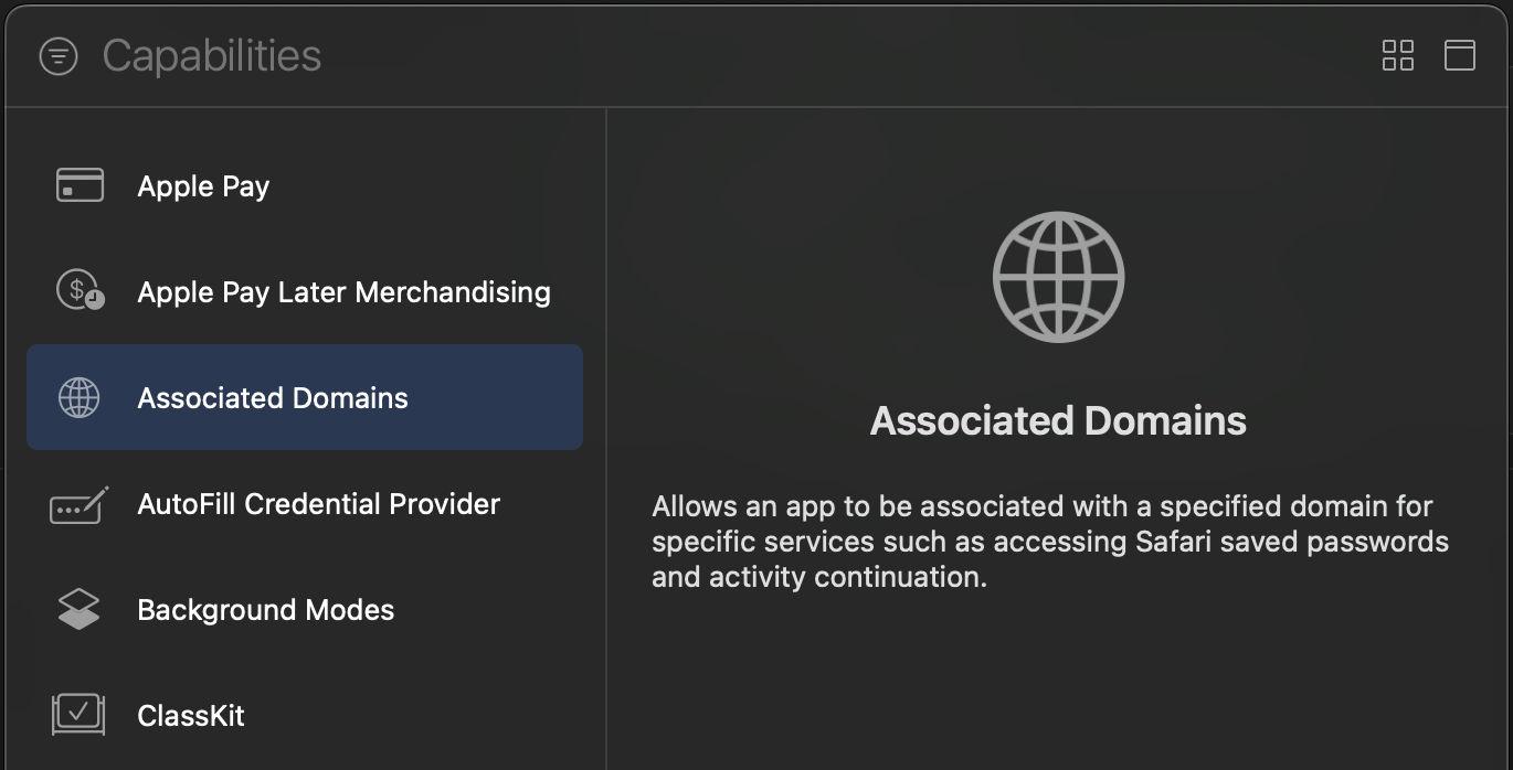 Screenshot of the capabilities library inside Xcode